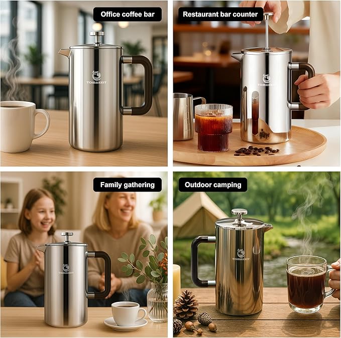1L/34 Oz French Press Coffee Maker,304 Stainless Steel Coffee Press,Durable & Easy Clean,Leak-Proof Design,Prensa Francesa Para Cafe for Home,Office,Camping (Silver-Upgrade)