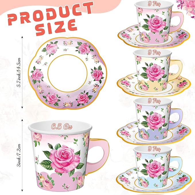 36 Sets Tea Party Decorations 6.5 oz Floral Paper Tea Cups with Handle and Plates Disposable Blossom Teacups and Saucers Sets for Girls Kid Birthday Garden Wedding Party Supplies(Gradient Mixed Color)