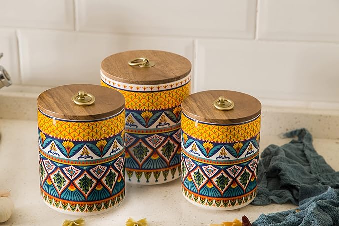 Bico Havana Ceramic Canister Set of 3 for Kitchen Counter, 62oz, 40oz, 32oz each, with Wooden Air Tight Lid, Food Storage Jar for storing Coffee, Tea, Spice, Dishwasher Safe