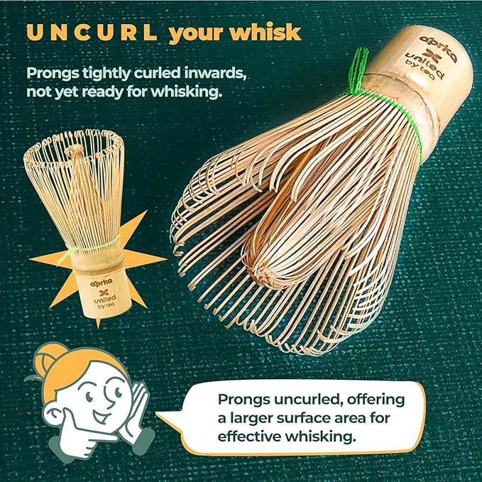 Aprika Life Matcha Bamboo Whisk Set 3 Pcs - Bamboo Whisk (Chasen) 100 Prongs, Scoop (Chashaku) & Stainless Steel Spoon - Handmade from 100% Natural Wood - Perfect for Japanese Matcha Green Tea