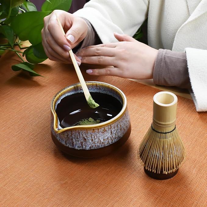Artcome Matcha Tool Set - Complete Kit with Matcha Bowl with Spout, Bamboo Whisk, Tea Scoop & Whisk Holder, Golden Glaz