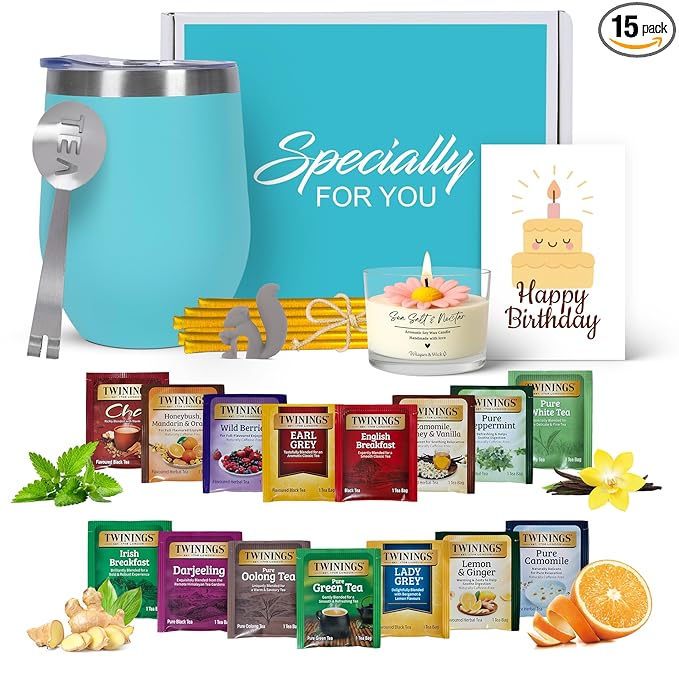 Birthday Gift Set with Stainless Tumbler, 15 Assorted Teas, 10 Honey Straws, Tea Tongs, Scented Candle and Greeting Card in Ready-to-Gift Box (Teal - Birthday Card)