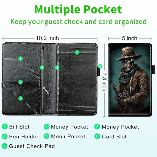 Server Books for Waitress, with 7 Large Pockets, Waiter Serving Book, Waitstaff Server Order Pads, Cute PU Leather Server Book with Pen Holder Fit Server Apron, Skull Cowboy with Gun - Image 3