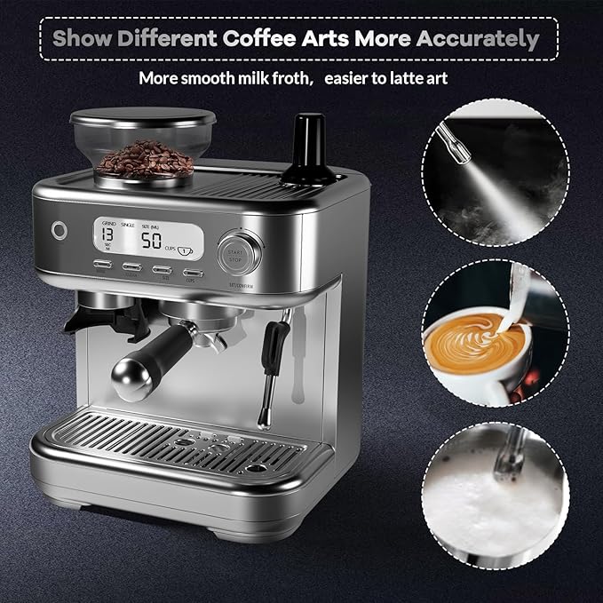 Espresso Machine 15 Bar, LCD Display Espresso Maker with Grinder, Milk Frother and PID Temperature Control, Professional Coffee Maker for Latte Cappuccino - 8.8 Oz Bean Hopper