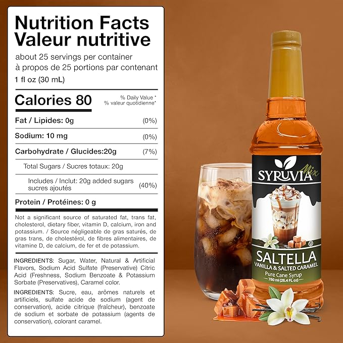 Syruvia Coffee Syrup, SALTELLA Syrup, Vanilla Salted Caramel Flavored Syrup for Drinks, Lattes, and Desserts – 25.4 fl oz,