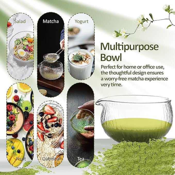 Matcha Bowl with Spout, 500 ml/18 oz Glass Matcha Mixing Bowl, Japanese Ceremonial Matcha Chawan for Matcha Powder/Salad/Fruit/Soup/Tea