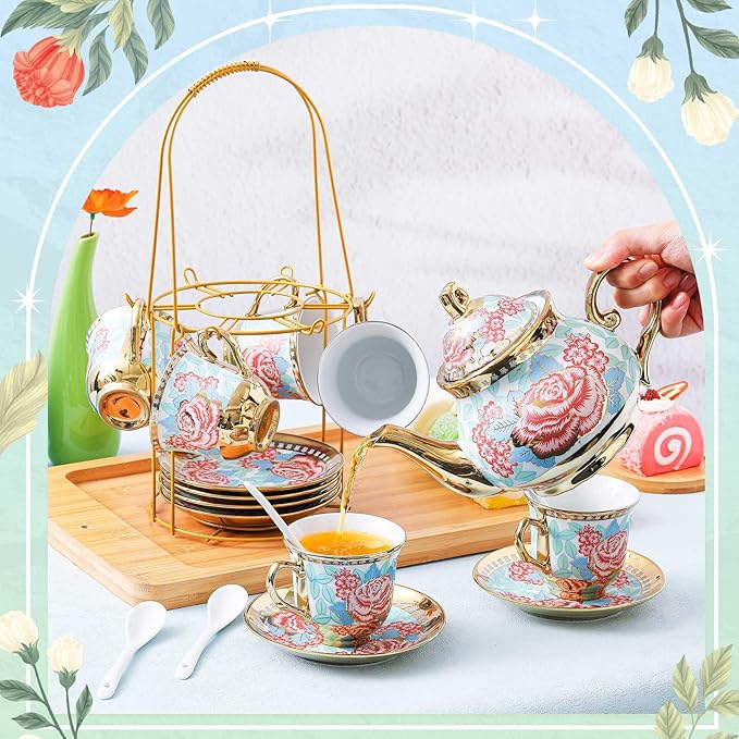Zhehao 20 Pcs Porcelain Tea Set with Metal Holder and Spoon Adult Ceramic Tea Set European Flower Painting Teapot Cup Saucer Spoon for Women, Large Version(Vintage Style)