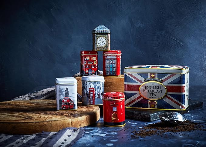 New English Teas Best of British Tea Collection - 6 Iconic London Tins Gift Set (Bus, Big Ben, Phone Box, Post Box) - 4.7oz Loose Leaf English Tea