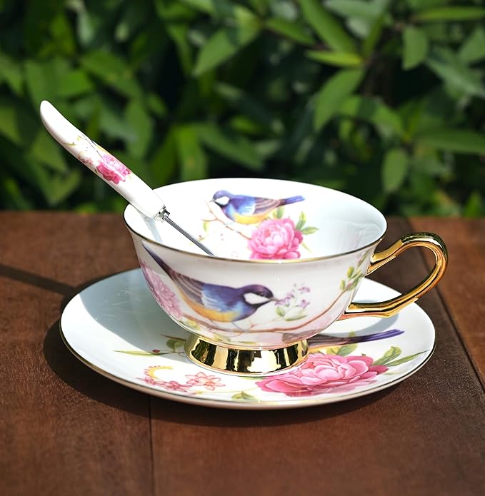 British Coffee Cup 3 Piece Set（6.8oz） Household Fashional Tea Cup with Saucer Spoon (white-magpie)