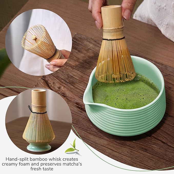 HELPLX Matcha Whisk Set, 10-Piece Japanese Matcha Kit with Bowl, Whisk & Holder, 2 Tea Cups, Bamboo Scoop, Spoon, Sifter, Scoop Rest & Tea Towel – Green Matcha Tea Set for Ceremony or Daily Use