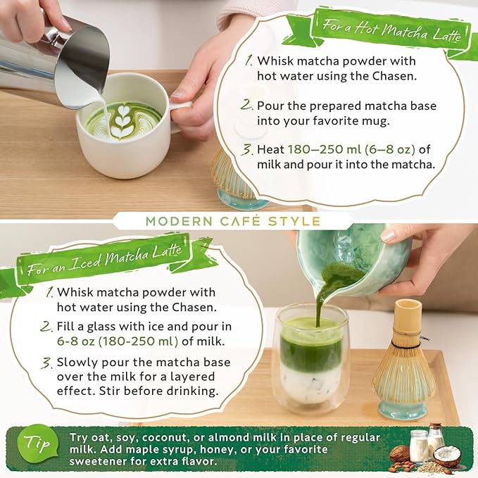 HIBINO Matcha Set | Japanese Matcha Tea Set with Crystal-Glazed Ceramic Spout Bowl | Bamboo Whisk & Holder, Scoop and Stainless Sifter | 5-Piece Matcha Kit |「Crystal Shell Green」