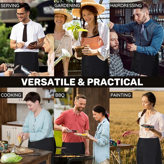 3 Pack Waist Apron with 3 Pockets, Unisex Black Waiter Aprons, Water Resistant Server Aprons for Restaurant Chef Bar - Image 7