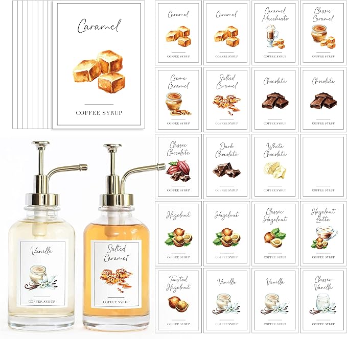 KYONANO 84 Coffee Syrup Labels for Coffee Bar Accessories, Elegant Pattern Décor for Coffee Station, Waterproof Coffee Labels for Coffee Syrup Dispenser & Bottle Organization by KYONANO
