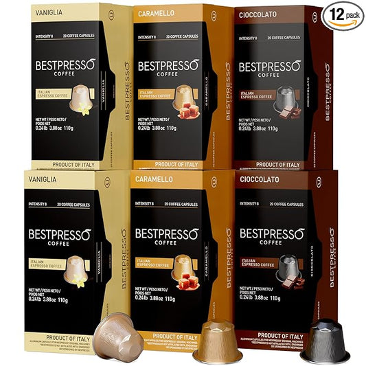 Bestpresso Coffee for Nespresso Original Machine 120 Aluminum pods Certified Genuine Espresso Variety Pack Caramel,Vanilla and Chocolate