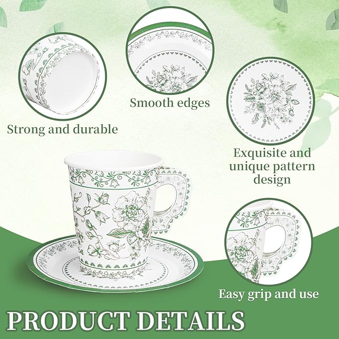 Whaline 80 Pcs Green White Floral Paper Tea Cups and Saucers Porcelain Chinoiserie Flower 9oz Disposable 40 Teacups with Handle and 40 Dessert Plates for Wedding Baby Shower Birthday Spring Tea Party