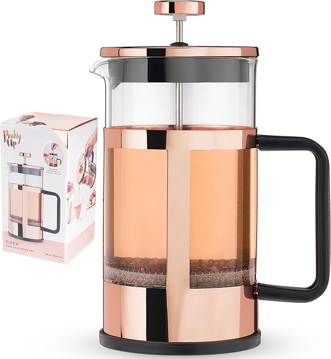 Pinky Up Piper Tea Press Pot, Coffee Maker, French Press for Loose Leaf Tea and Coffee, Hot or Iced Beverage Brewer, 34 oz, Rose Gold