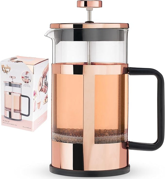 Pinky Up Piper Tea Press Pot, Coffee Maker, French Press for Loose Leaf Tea and Coffee, Hot or Iced Beverage Brewer, 34 oz, Rose Gold
