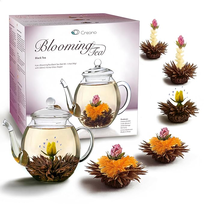 Creano Flowering Tea – Flower Tea Ball Gift set with 17oz Glass Teapot - Black tea