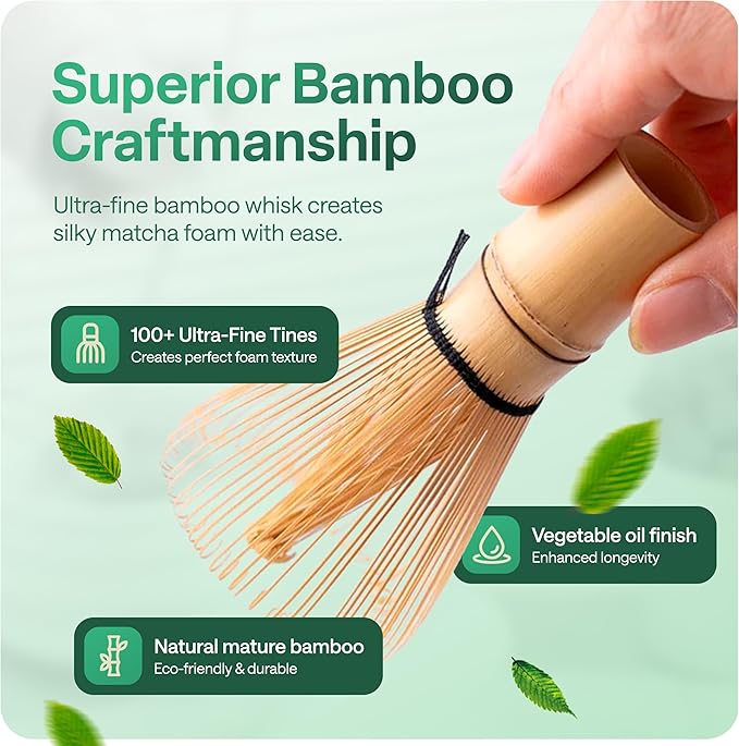 Matcha Whisk Set with 'matcha' Design - 6 Piece Ceramic Matcha Set with a Bowl, Whisk, Stand, Spoon and Sifter - Designed in the UK - Gift Set