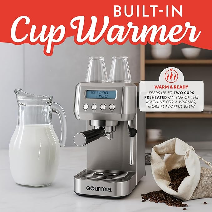Gourmia Slim Espresso Machine with LCD Screen - Milk Frother, Adjustable Temperature, Manual & Auto Brew, Single/Double Shot, Hot Water Dispenser, Descaling Mode, Compact