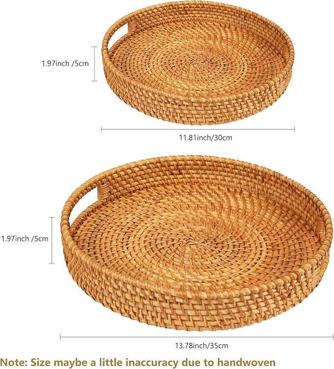 Round Rattan Tray, 2 Pack Handwoven Wicker Serving Trays with Handles for Storage and Display (13.78"x1.97";11.81"x1.97")