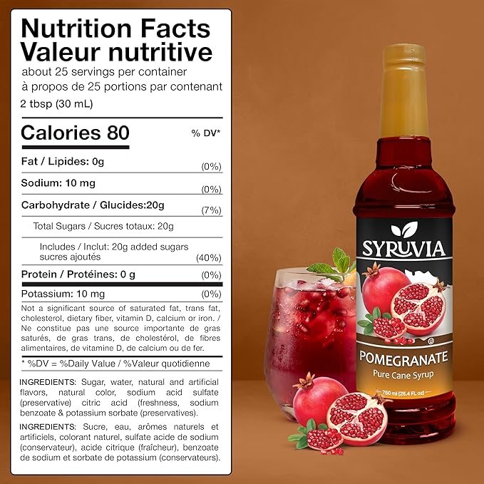 Syruvia Pomegranate Syrup, Flavored Syrup for Drinks, Cocktails, Lemonades, Iced Teas, and Desserts – 25.4 fl oz