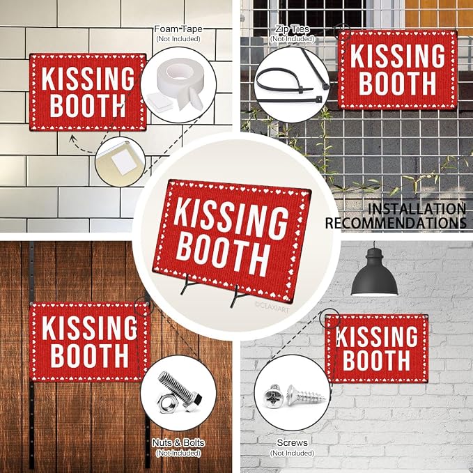 Kissing Booth Tin Sign Love Heart Pattern Metal Signs Valentine's Day Wall Art Decoration Home Farmhouse Bar Kitchen Cafe Living Room Coffee Corner White Day Decor Romantic Gift 12" x 8" - Image 4