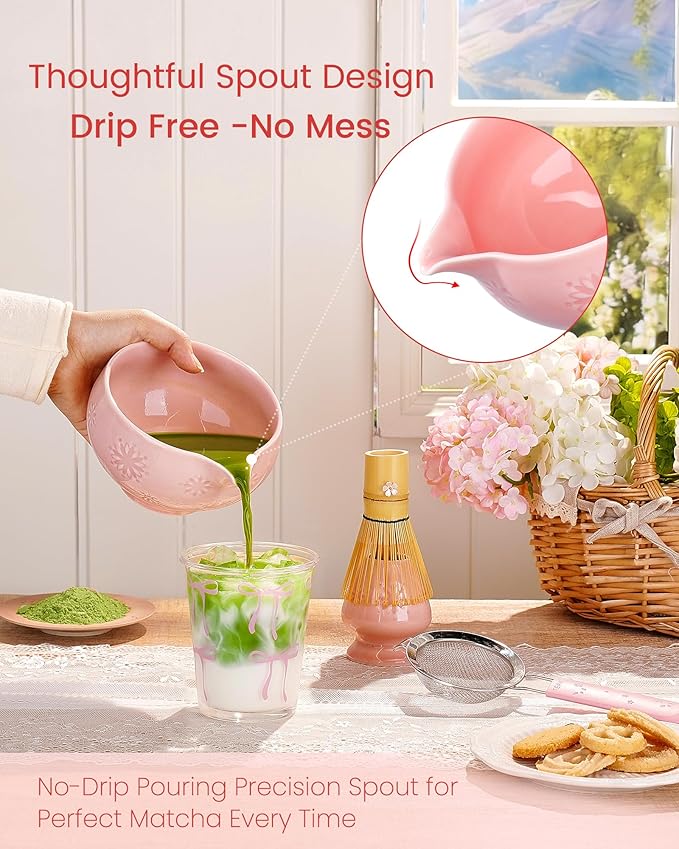 Matcha Whisk Set, 6pcs Matcha Set Includes Matcha Bowl with Spout, Bamboo Whisk & Scoop with Cute Charm, Chasen Holder, Innovative Sifter Handle, Tea Mat for Latte Making, Pale Pink