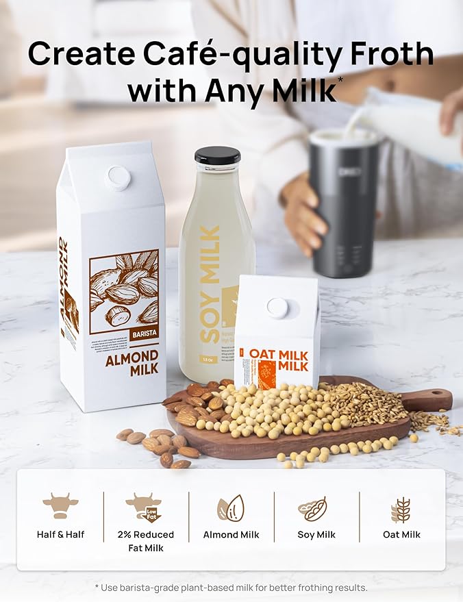 DREO Milk Frother, 4-in-1 Electric Frother for Coffee, Hot and Cold Foam Maker for Cappuccino, Flat-white, Latte with Plant-based and Dairy Milk, Multi-stage, Easy to Clean, Temperature Control, Black