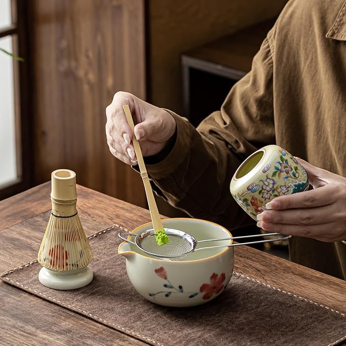 Matcha Set, Matcha Whisk Set Includes Hand-Drawn Matcha Bowl with Spout, Bamboo Whisk, Matcha Whisk Holder, Bamboo Scoop, Sifter - 5pcs Perfect Matcha Kit for Matcha Tea Ceremony