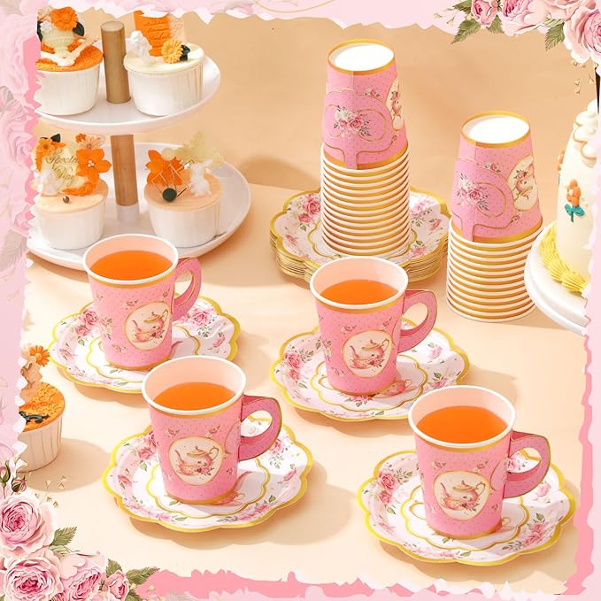 Domensi 60 Pieces Tea Party Decorations Include 30 Pcs 9 oz Paper Cups with Handle and 30 Pcs Tea Party Paper Plates Disposable Blossom Teacups and Saucers for wedding Favors(Teapot)