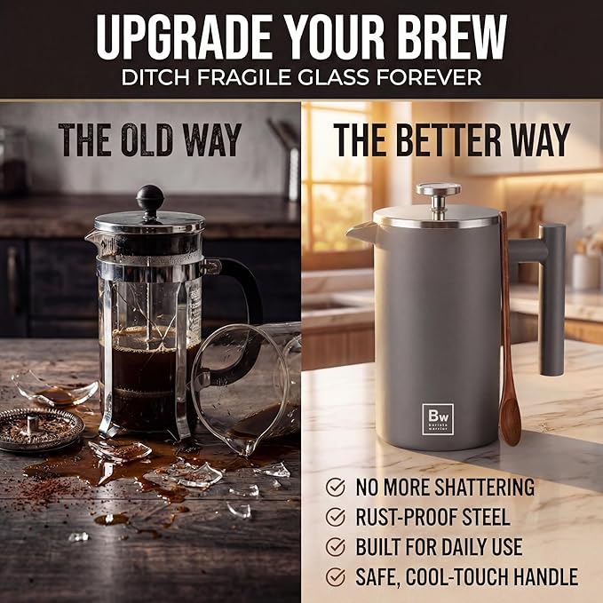 Barista Warrior French Press Coffee Maker Stainless Steel with Built-In Thermometer - Insulated Double Wall Design, Dual Filter System, Stay-Cool Handle & Wood Spoon - Grey