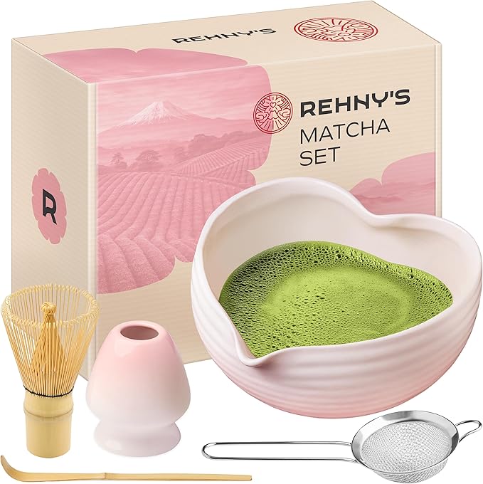 Rehny’s Matcha Whisk Set | Complete Pink Matcha Set w/Heart-Shaped Bowl, Bamboo Whisk, Holder, Stainless Steel Sifter, Bamboo Scoop | Cute Gift Present Macha Kit Handmade Bowl | Macha Powder Tea Kit