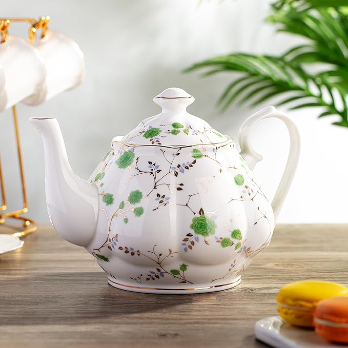 BTaT- Floral Tea Pot, 38 oz, White with Green Roses & Gold Trim, Porcelain Teapot Ceramic, Dishwasher Safe