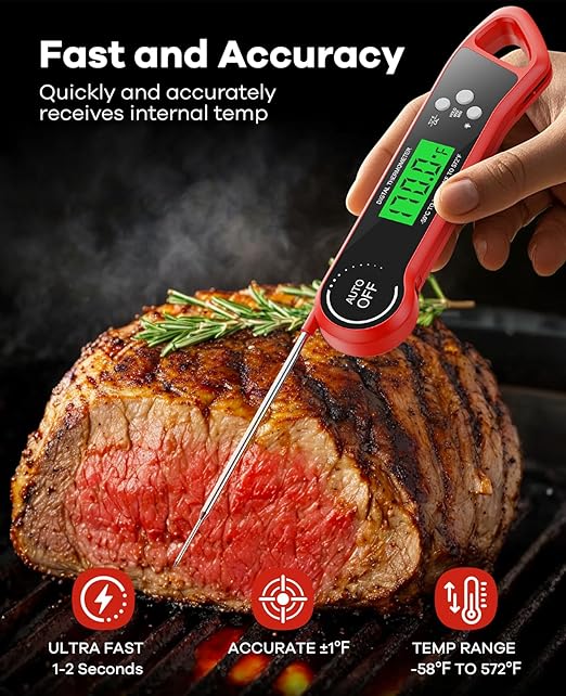 Meat Thermometer Digital, Instant Read Thermometer with Backlight, Calibration & Hold Function, Waterproof Food Thermometer for Kitchen and Outside, BBQ,Turkey, Candy, Liquids, Beef (red)