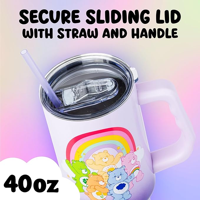 Silver Buffalo Care Bears Rainbow Featuring Funshine, Cheer, Grumpy, Friend, and Good Luck Bear Double Walled Stainless Steel Tumbler with Handle and Straw, Fits in Standard Cup Holder, 40 Ounces