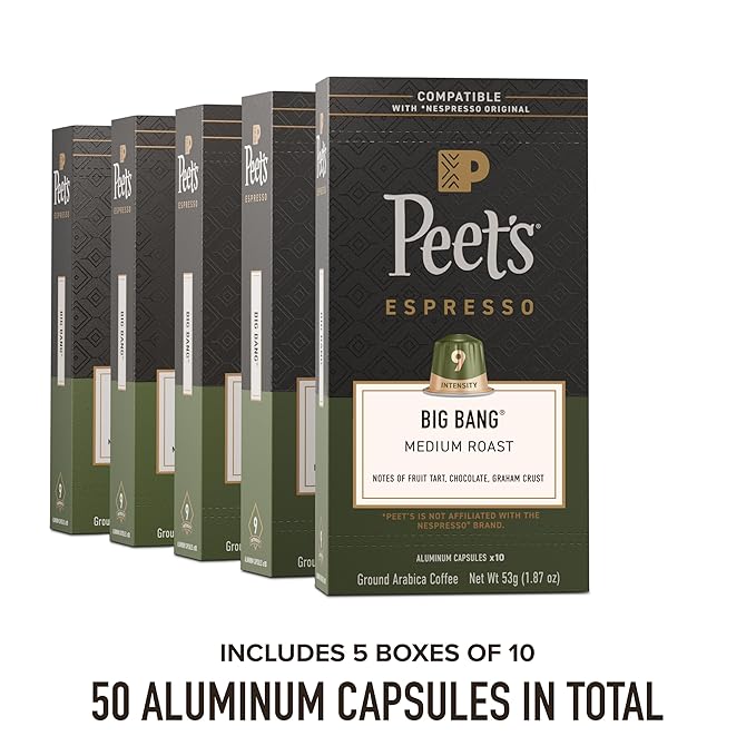 Peet's Coffee, Medium Roast Espresso Capsules, Compatible with Nespresso Original Machines, 100% Arabica Coffee - Big Bang Intensity 9, 50 Count (5 Boxes of 10 Espresso Capsules)
