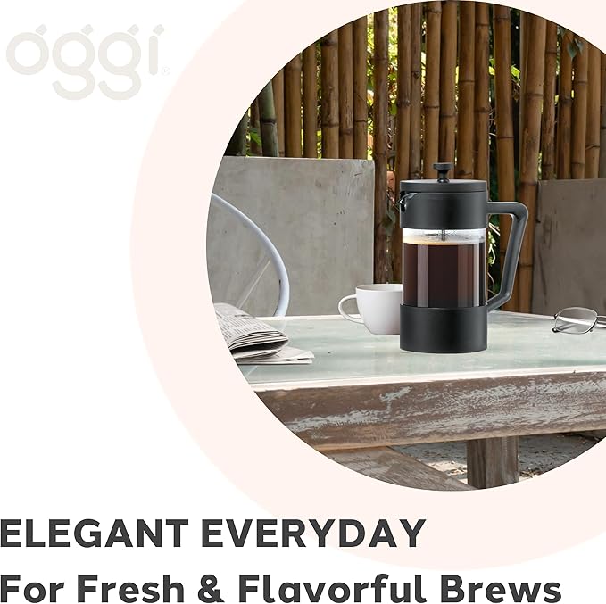 Oggi Borosilicate Glass French Press Coffee Maker (34oz)- 8 Cup Capacity, Coffee Press, Single Serve Coffee Maker, Stainless Steel Lid & Plunger, Make Great Coffee Gifts