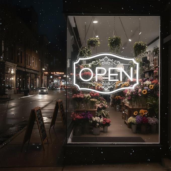 Open Sign for Business, LED Dimmable Neon Open Sign with 12V/2A Adapter, 16.5" x 10.5", White, Bright LED Visibility to Light Up Window, Wall, Bar, Coffee, Salon and Store