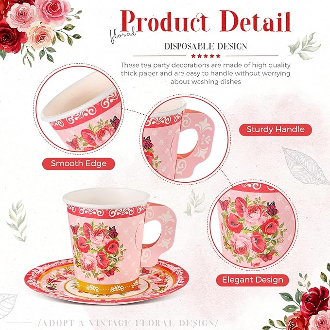 Nuogo 200 Pcs Floral Paper Tea Cups and Saucers 7 oz Disposable Tea Party Decorations Vintage Cute Paper Cups and Plates with Handles for Girls Wedding Baby Bridal Shower, Serve 100(Red)