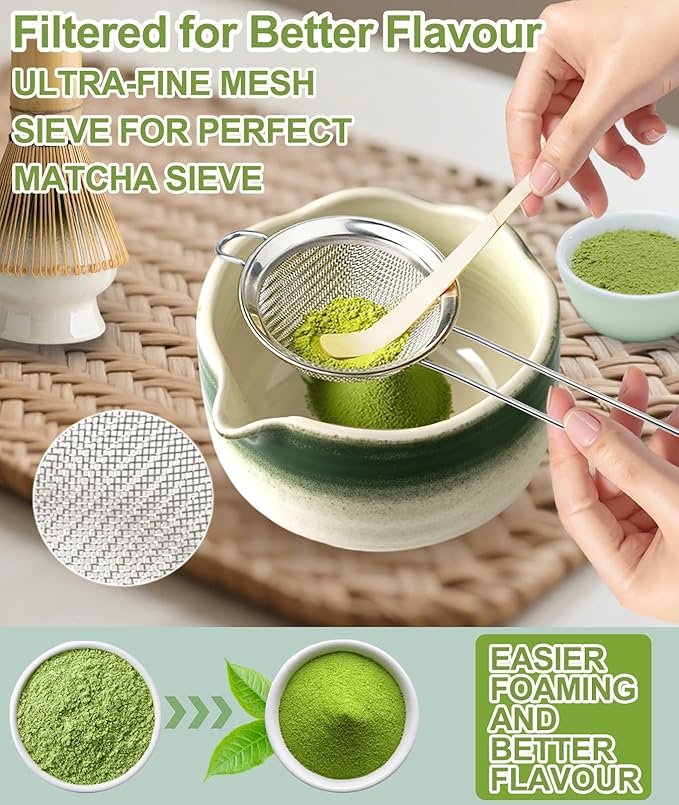 JBER Matcha Whisk Set, Ceramic Matcha Set Includes Bowl, Matcha Whisk (Chasen) and Holder, Sifter, Bamboo Scoop, Spoon & Rest - 7 Pcs Matcha Kit Set for Matcha Lovers & Beginners, Gradient Green