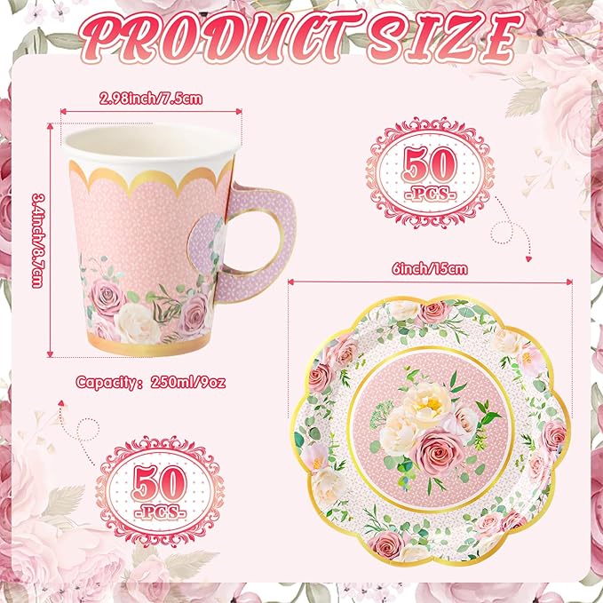 Tioncy 100 Pcs Tea Party Decorations Include 50 Pieces 9 oz Paper Tea Cups with Handle and 50 Plates Disposable Teacups and Saucers Sets for Birthday(Blossom)