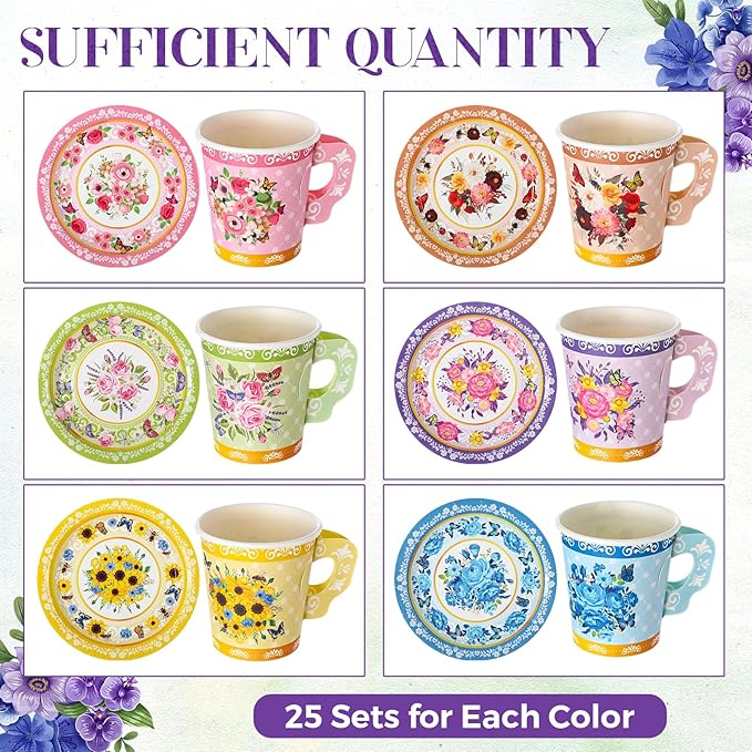Nuogo 300Pcs Floral Paper Tea Cups and Saucers 7 OZ Disposable Tea Cup with Handle and Plates for Party Supplies Wedding Birthday Baby Shower Bridal Mother's Day, Serve 150 Guest(Elegant Color)