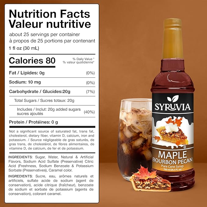 Syruvia Coffee Syrup, Maple Bourbon Pecan Flavored Syrup for Drinks, Lattes, and Desserts – 25.4 fl oz