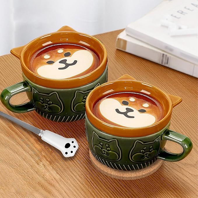 BigNoseDeer Cute Kawaii Dog Mug,Dog Coffee Mugs with Lids,Novelty Animal Coffee Ceramic Tea Cup Dessert Saucer Set,Christmas Birthday Presents for Girls Friend Kids,Dog Lovers Gifts for Women