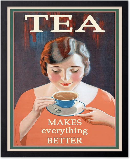 Poster Master Vintage Tea Makes Everything Better Print - Retro Food & Drink Poster - Positive Quotes Art - Gift for Women, Tea Lover - Decor for Kitchen, Teahouse - 8x10 Black Framed