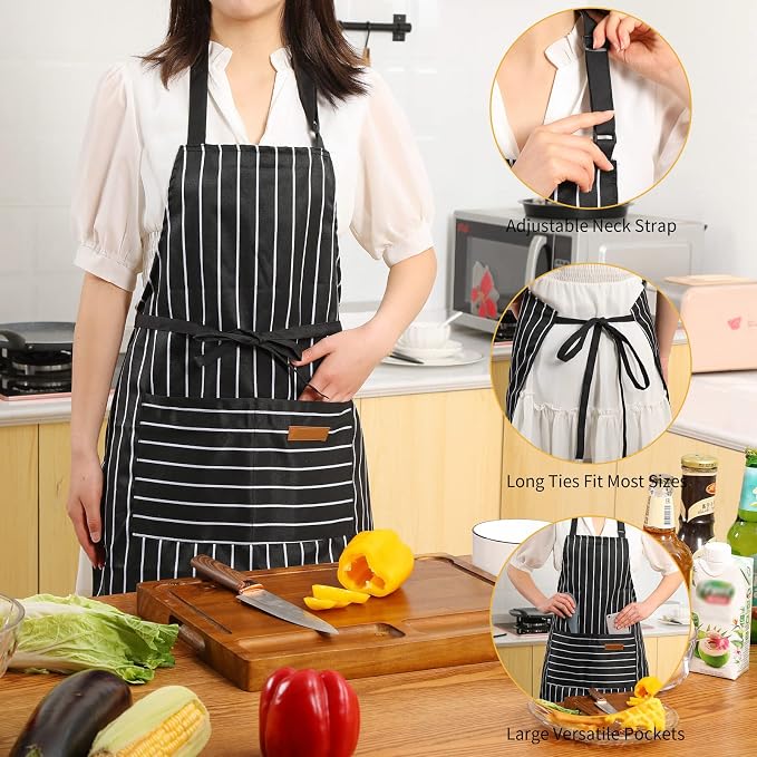 Tosewever 2 Pieces Kitchen Cooking Aprons, Cotton Polyester Blend Adjustable Bib Aprons with 2 Pockets for Women Men Chef Chef (Black/Brown Stripes, 2) - Image 4