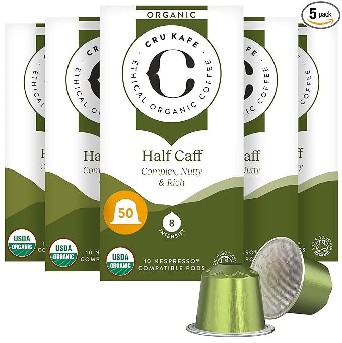 Cru Kafe USDA Organic Half Caff Espresso Coffee Capsules (50 Pods) Fairtrade Coffee Pods Compatible with Nespresso Original Line and Pixie Machines