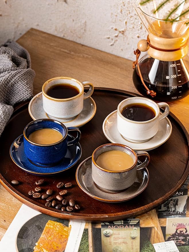 Gomakren 2.5 Ounce Espresso Cups Set of 4, Small Stackable Coffee Cups with Saucers and Metal Stand, Valentine Porcelain Demitasse Cups for Specialty Coffee Drinks, Espresso, Cappuccino, Cobalt Blue