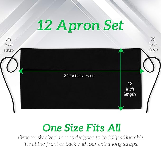GREEN LIFESTYLE Server Aprons with 3 Pockets - Waist Apron, Waitress Apron for Women and Man, Water Resistant with Long Waist Strap Reinforced Seams, Half Apron (12 Pack - Black)